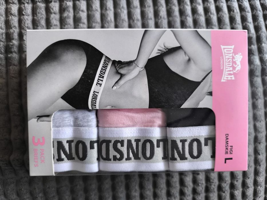 3 pak majtek figi damskie Lonsdale r.L szeroka guma napisy sportowe