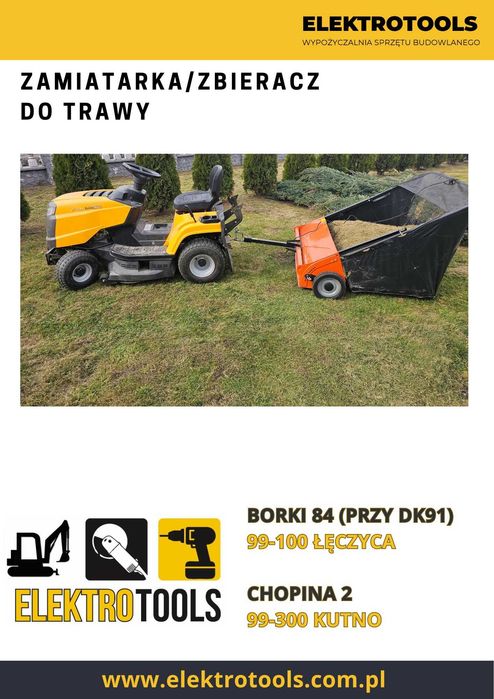 Zbieracz zamiatarka posypywarka do trawy wykorków wynajem wypożyczenie