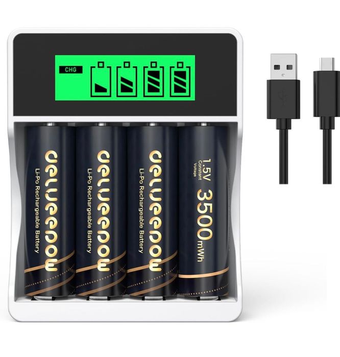 Akumulatory litowe Delyeepow AA 3500 mWh, zestaw 4 sztuk ładowarka LCD
