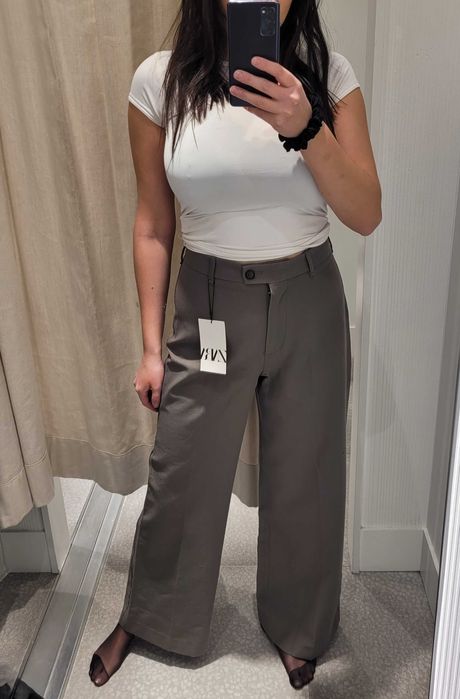 khaki spodnie prosty krój średni stan eleganckie Zara M 38 wełna wool