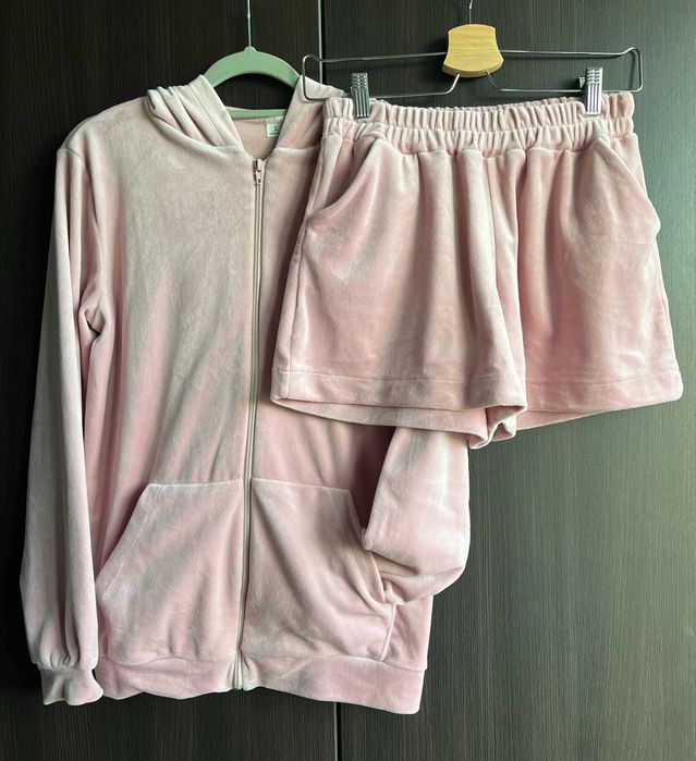Komplet dresowy welur brudny róż bluza spodenki L