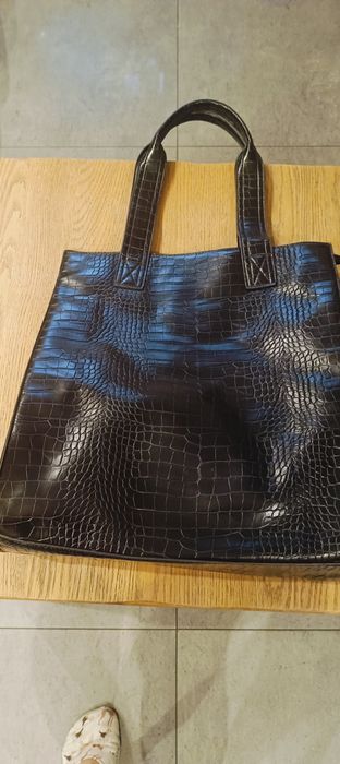 Torba shopper XL, czarna, skóra krokodyla, Reserved