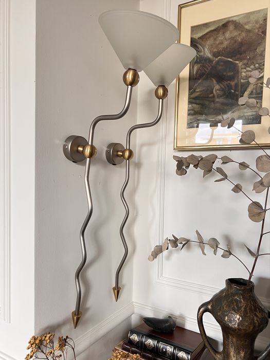 2 kinkiety świeczniki duńskie Dania vintage stal chromowana mosiądz fala Memphis faliste kinkiet świecznik chromowany chrom ze stali kule kula