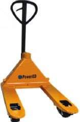 Porta-paletes hidráulico com garfos largos para paletes de fruta.