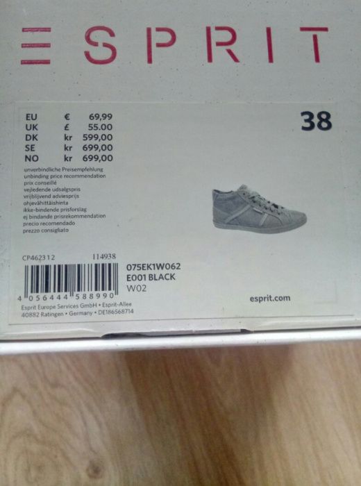 ESPRIT NOWE r. 38 buty półbuty sneakersy trampki tenisówki skóra ekologiczna czarne damskie młodzieżowe