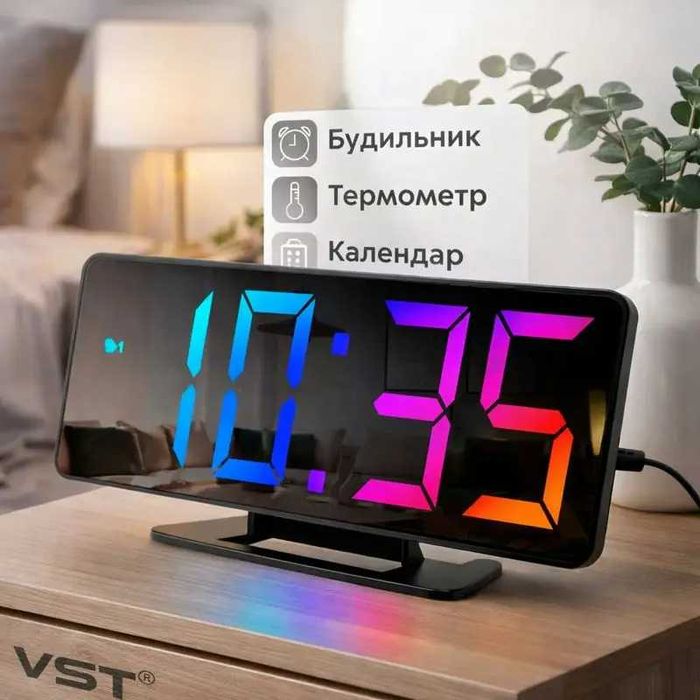 Электронные настольные часы, зеркальный дисплей, будильник, термометр