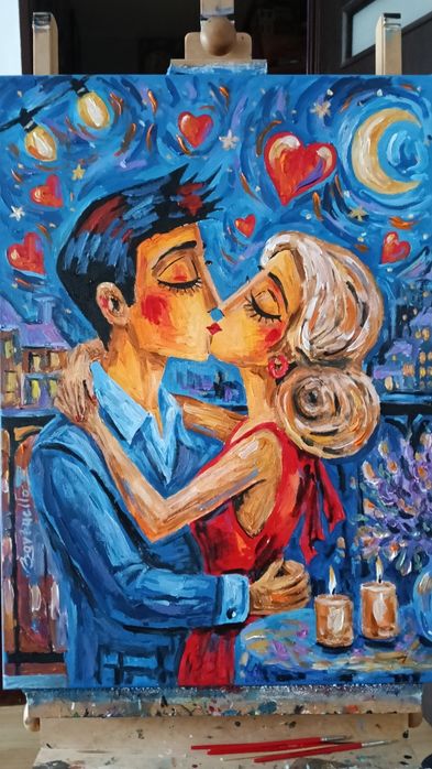 Abstrakcja Miłość i pocałunek 50x70 cm obraz malowany chłopak dziewczyna