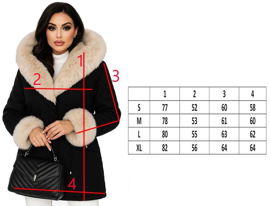 Piękna czarna kurtka zimowa damska z odpinanym futrem i kapturem