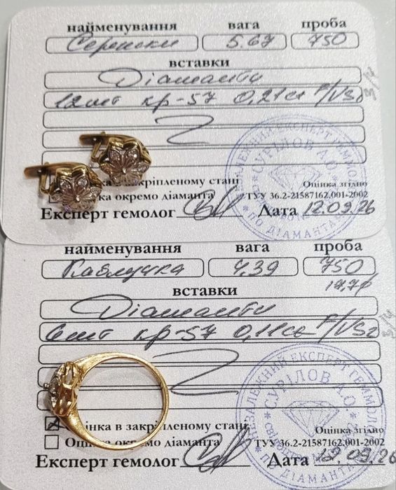 Золотые серьги и кольцо 750 проба 10,06 грм