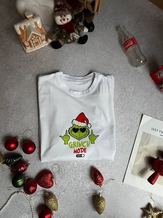 Новорічні оверсайз футболки з Грінчем, біла футболка Grinch mode