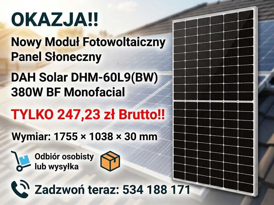Moduł fotowoltaiczny Panel Słoneczny DAH Solar DHM-60L9(BW) 380W BF Monofacial 247,23zł Brutto!!
