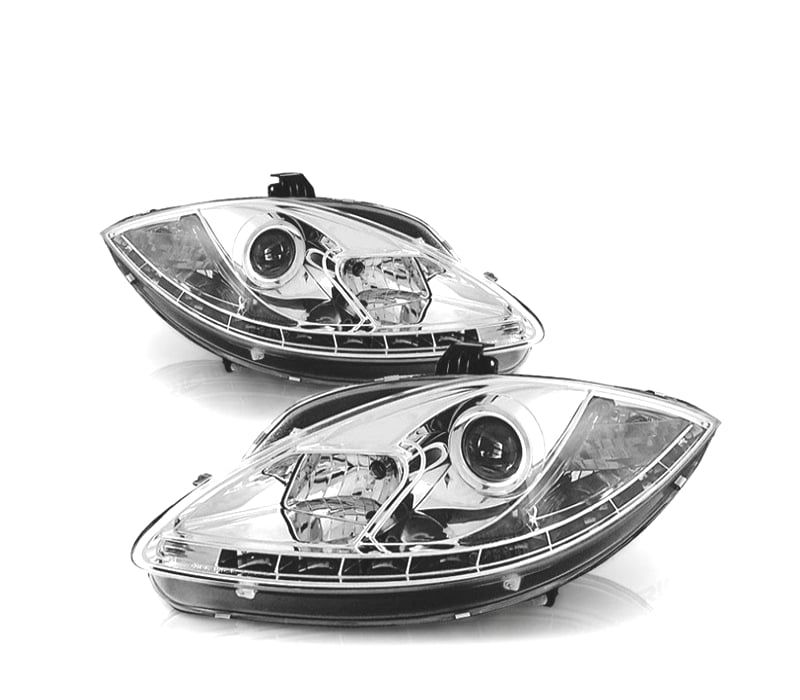 FARÓIS COM LUZ DIURNA LED SEAT LEON 1P ALTEA 09+ FUNDO CROMADO