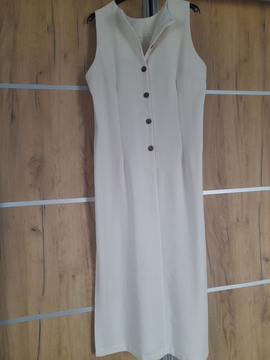 Sukienka kremowa midi brązowe guziki rozcięcie rozm.L