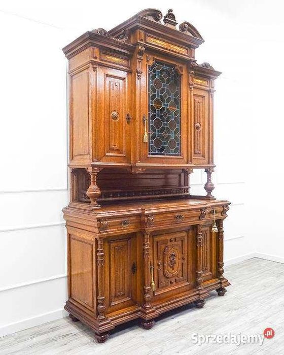 Antyk Wysoki KREDENS drewniany zdobiony KREDENS DĘBOWY Witraż lata 20.