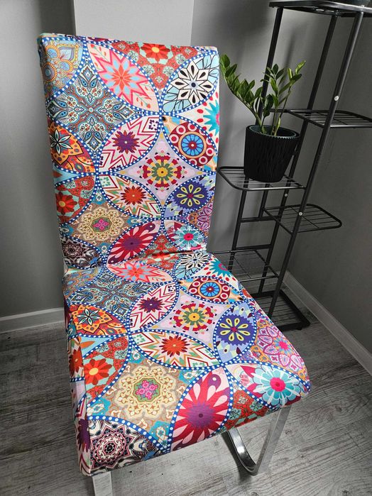 Pokrowce na krzesła wzór folklor kolorowe 4 szt uniwersalne