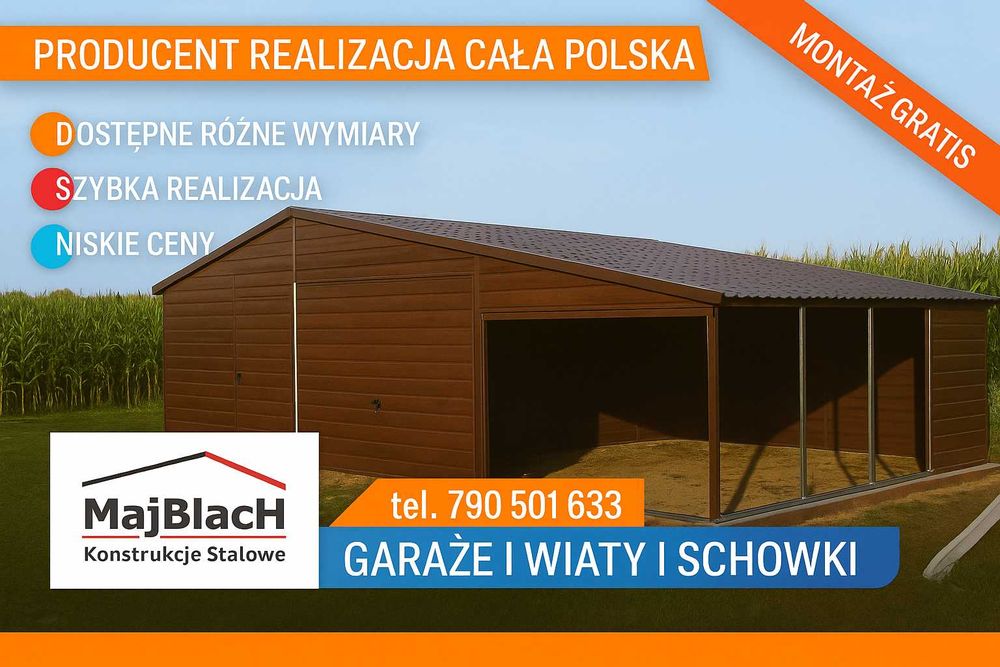 Ładny Garaż Blaszany BRĄZ / RAL  z zadaszeniem bocznym - Maj-Blach