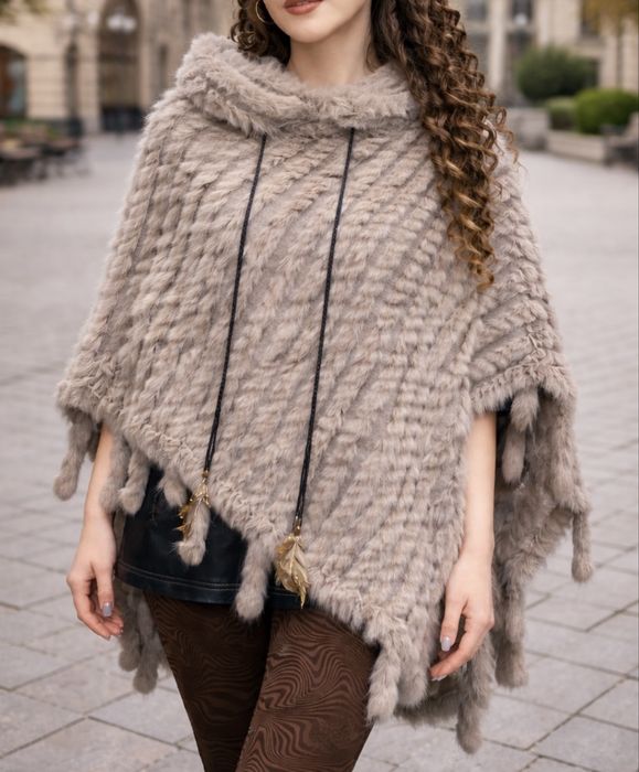 Ekskluzywne Poncho 100% Futro Naturalne Boho Chic