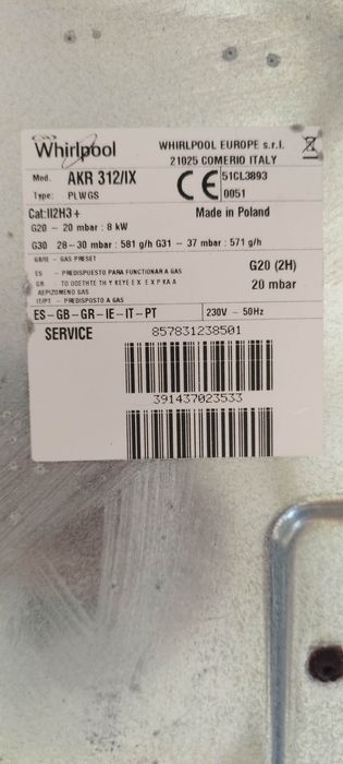 Whirlpool AKR312/IX PLACA FOGAO A GAS bilha