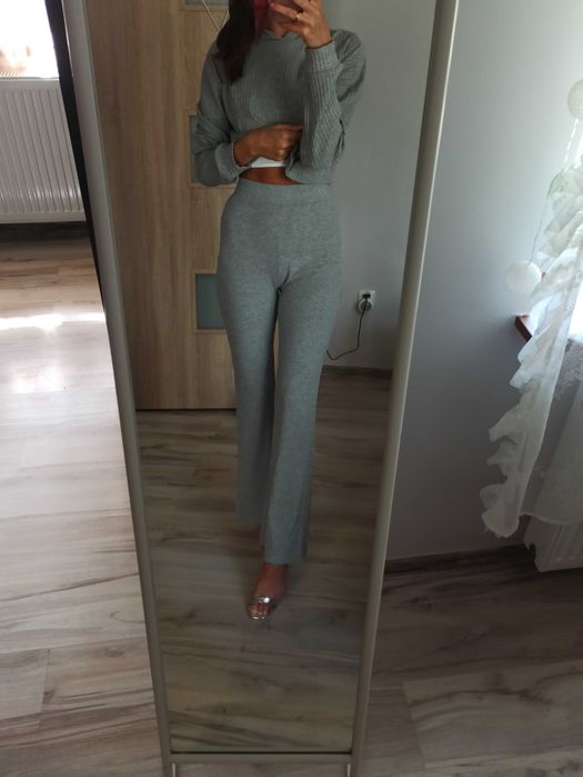 Dres damski  dzwony bluza kaptur szary wygodny