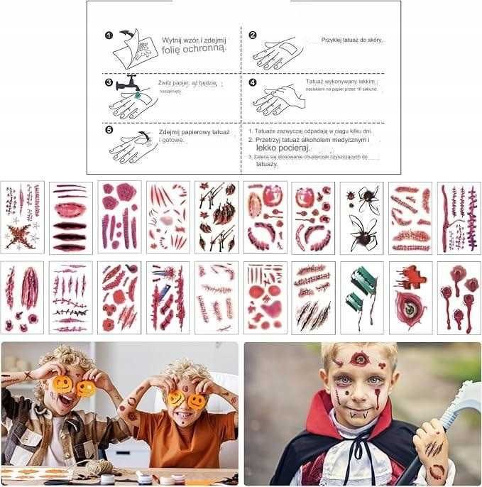 10 arkuszy tatuaże Zestaw Halloween tatuaże krew blizny