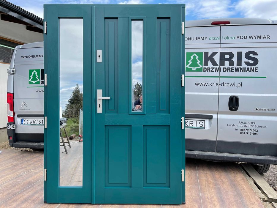 Drzwi zewnętrzne drewniane dwuskrzydłowe zielone  CAŁA POLSKA i UE