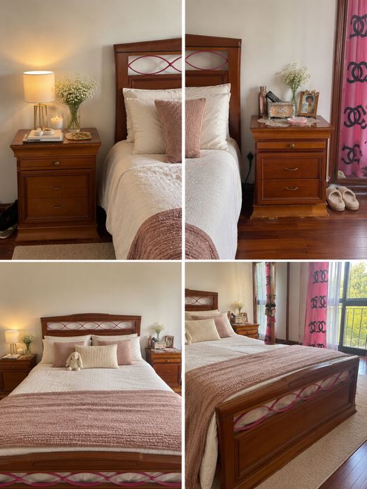Conjunto de quarto em cerejeira  – cama, 2 mesas de cabeceira e cómoda com espelho