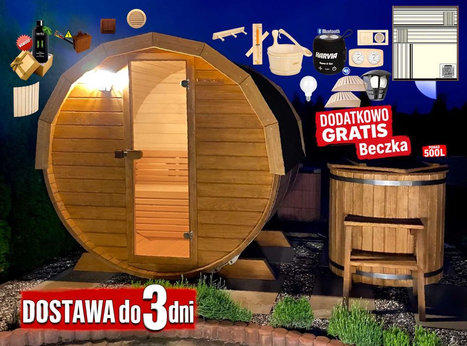 SAUNA Ogrodowa 200 cm MINI DWUpoziomowa +GRATIS Beczka 500L +Akcesoria