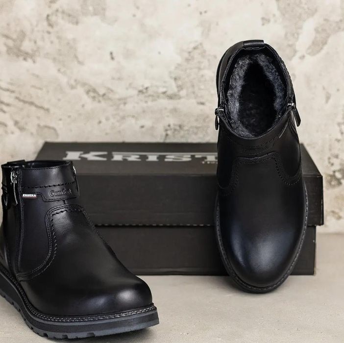 Зимние ботинки Kristan мужские кожаные черные, мужская зимняя обувь