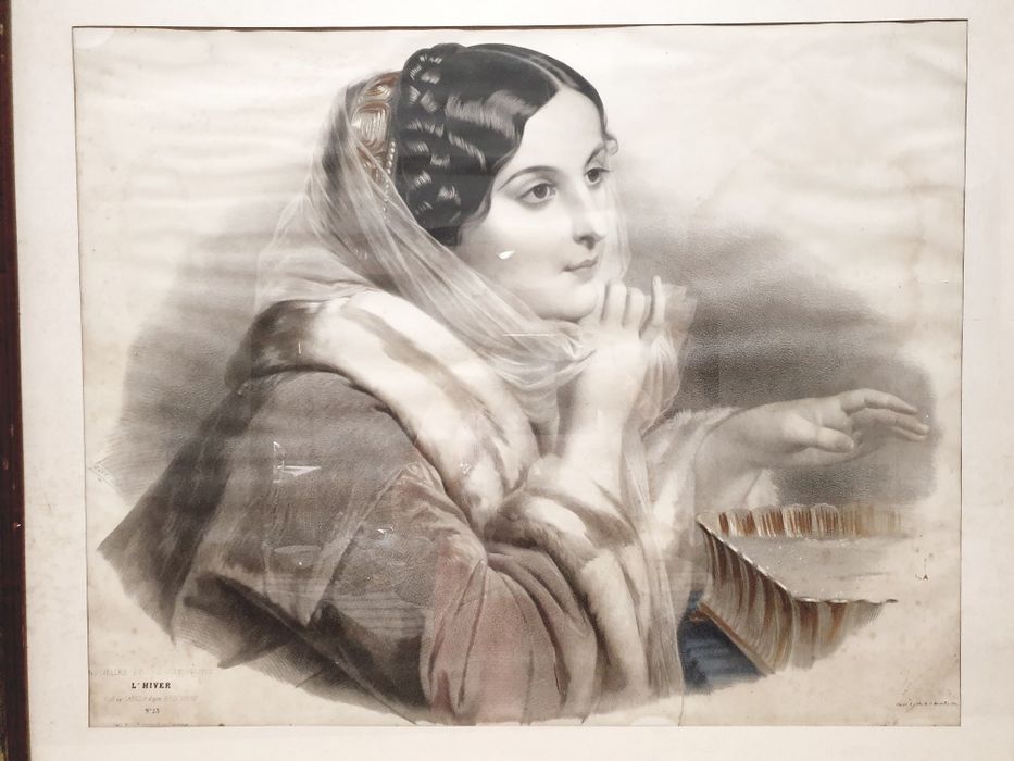 Grande antiga litografia francesa "retrato de uma mulher" emoldurada