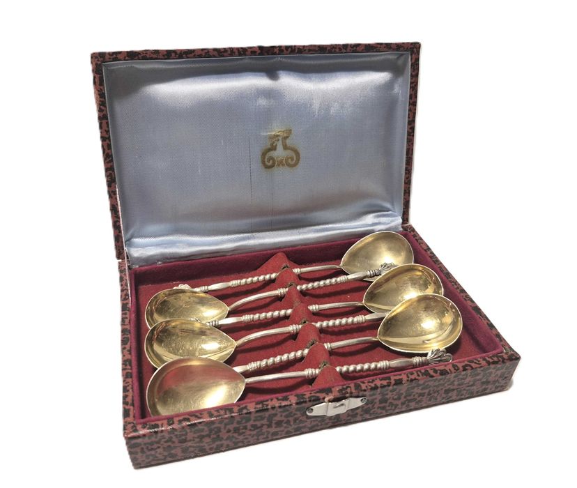 Набор винтажных чайных ложечек, серебро с позолотой 875 пробы, 6 штук