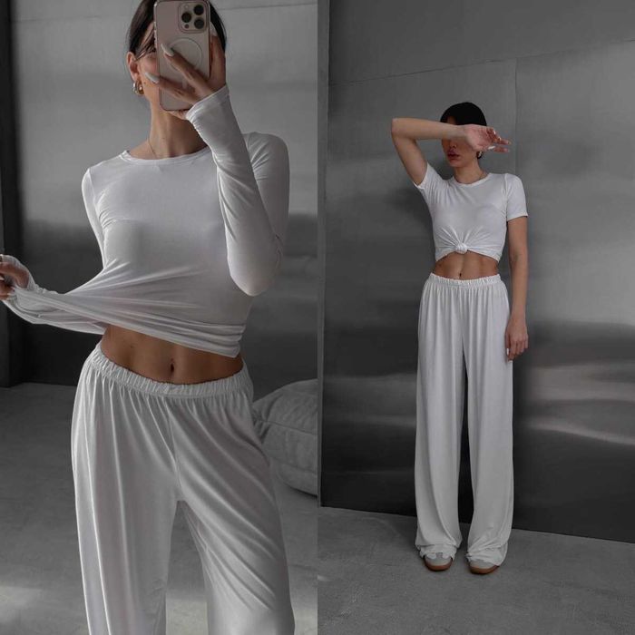 Жіночий костюм 3в1 трійка топ + лонгслів + штани палаццо нат. віскоза