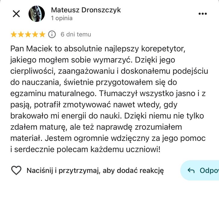 Korepetycje  fizyka z nauczycielem poziom rozszerzony Szkoła Średnia