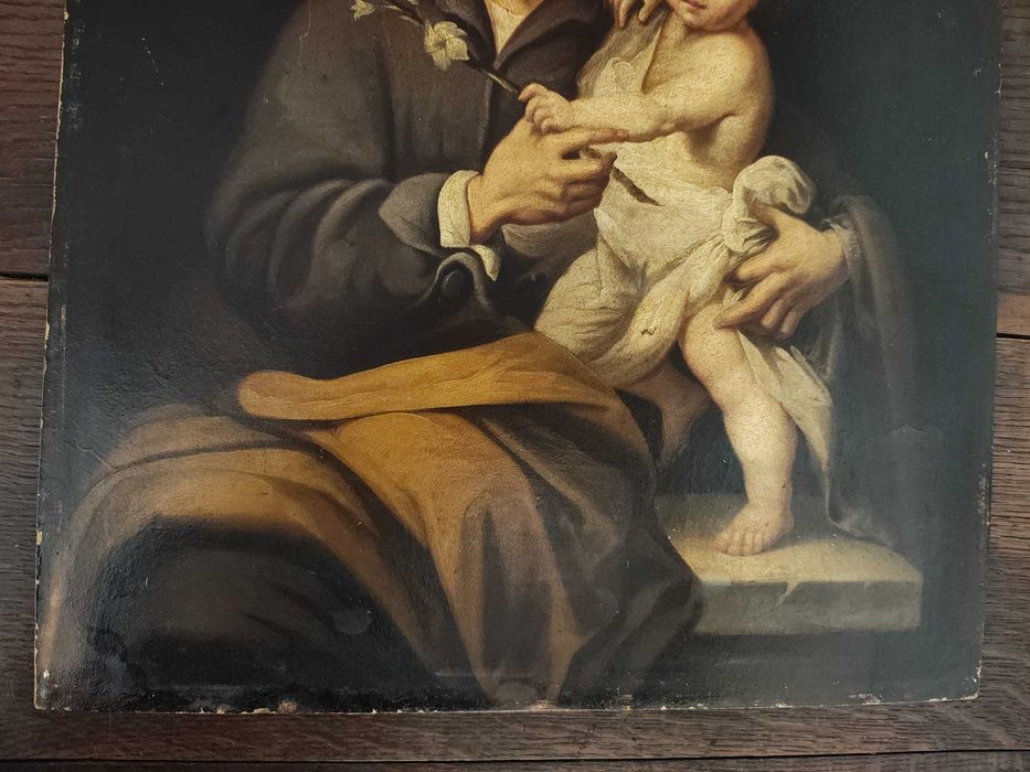 Lindíssima pintura a Óleo com São José e Menino com Magnifica Moldura em Talha Dourada.