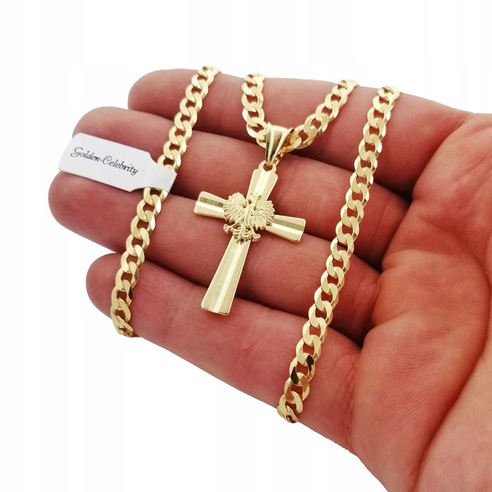 Męski Elegancki Łańcuszek + Zawieszka Krzyż Srebro 925+złoto 585 Certy