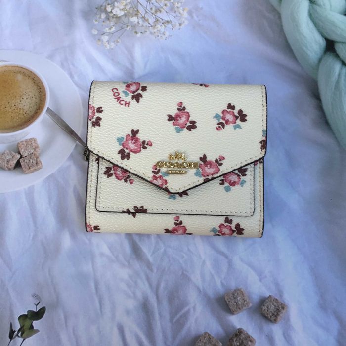 Carteira Coach Off-White Castanho e Branco com Rosa Rosa