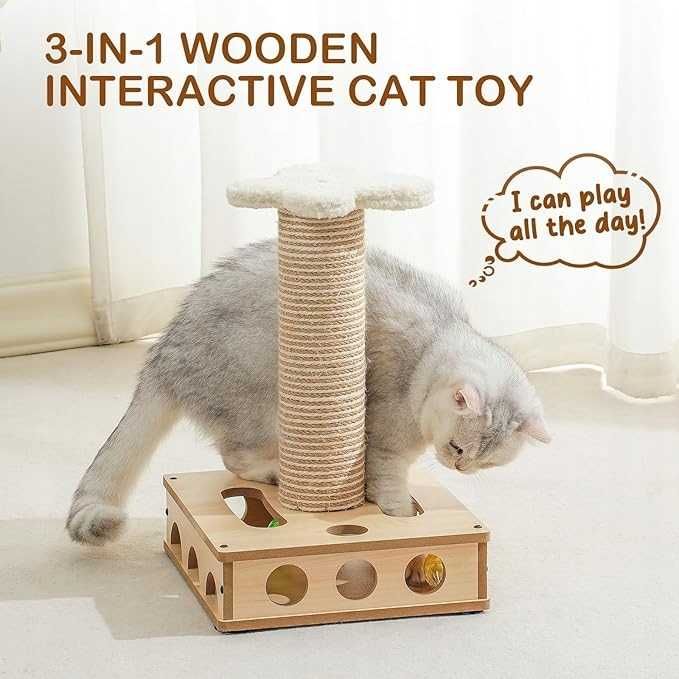 Zabawka interaktywna drewniana dla kota z 3 piłkami MEWOOFUN