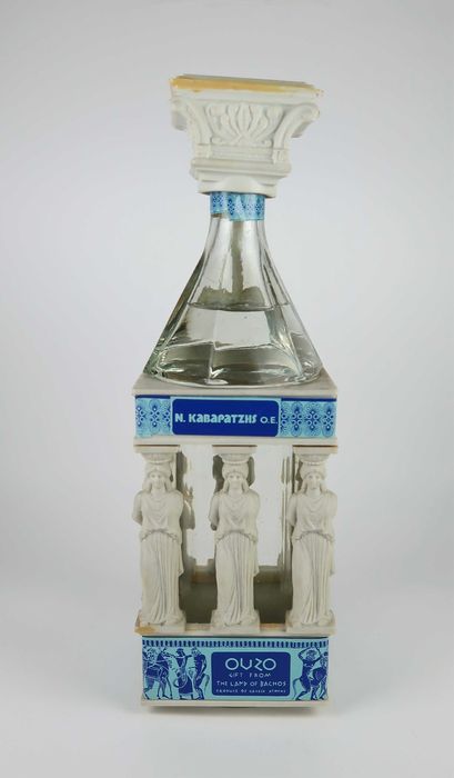 Colecionável, garrafa com figuras cariátides da Acrópole de Atenas