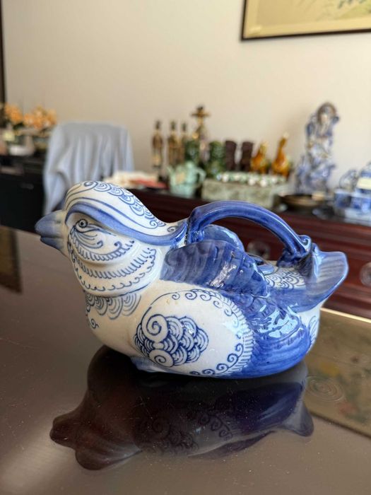 Bule Chinês Porcelana Azul e Branco - Forma de Pato