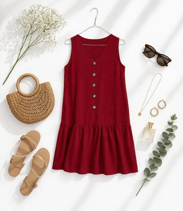 Bordowa sukienka z guzikami i falbaną M 38