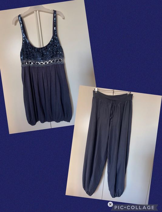 Conjunto de duas peças: Calças harém em seda e blusa de malha com lantejoulas