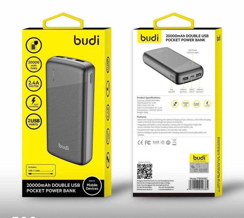 АКЦІЯ!!! Повербанк BUDI 20000 мАг PD 20W / QC 3.0 / 2 USB + Type-C