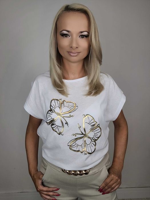 NOWY T-shirt BIAŁY koszulka damska  ze złotym zdobieniem roz. 2XL