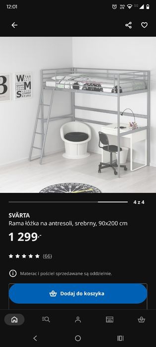 Ikea svarta łóżko piętrowe na antresoli