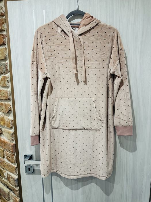 Bluza welurowa kaptur kangurek pudrowa szare groszki oversize M-XL uni