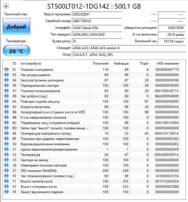 Диск 2,5" SATA Seagate 500Gb, б/в