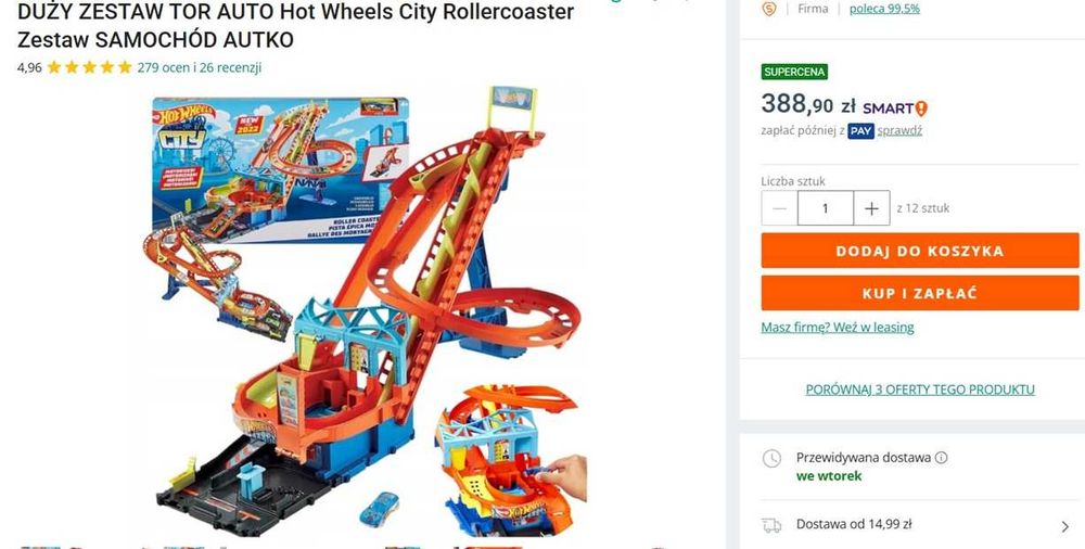HOT WHEELS Garaż Z Windą T-REX + Zakręcona Mega Myjnia + Rollercoaster