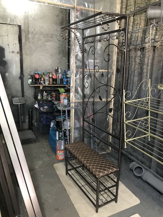 Вешалка кованая с банкеткой для обуви, прихожая, полка, пуф, подставка