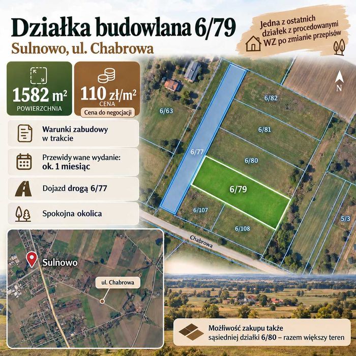 Działka budowlana 1582 m² – Sulnowo, ul. Chabrowa – WZ w toku