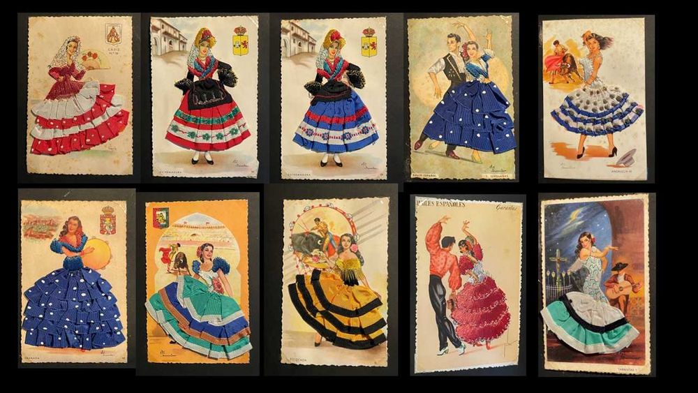 Álbum com 36 Postais Bordados Espanhóis – Trajes Regionais e Flamenco