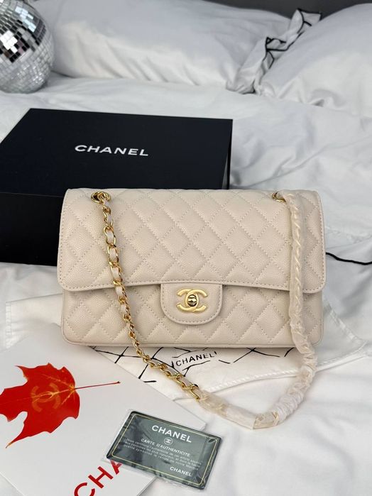НОВИНКА ‼️ Chanel Classic Flap 25 Cream Caviar Gold Hardware / жіноча шкіряна сумочка Шанель